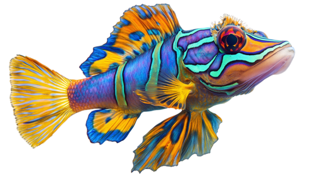 Beautiful mandarinfish, png style with transparent background for vibrant and detailed marine life illustrations in digital art and design projects.