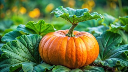 A Vibrant Orange Pumpkin Nestled Among Lush Green Foliage in a Garden Setting