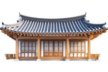 Obraz premium Traditional Korean Wooden Pavilion Isolated on Transparent Background Featuring Tiled Roof and Open Windows