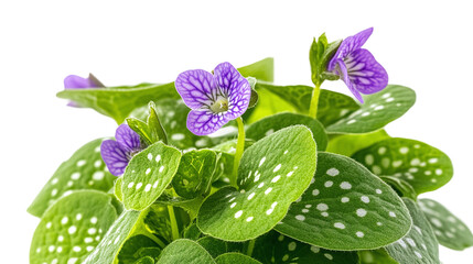 Close-up of green lungwort leaves png with white spots and purple flowers in spring garden isolated on transparent background.