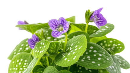 Close-up of green lungwort leaves png with white spots and purple flowers in spring garden isolated on transparent background.