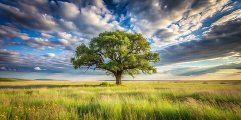 Fototapeta premium Serene Landscape Featuring a Solitary Tree in a Vast Meadow Under a Dramatic Sky