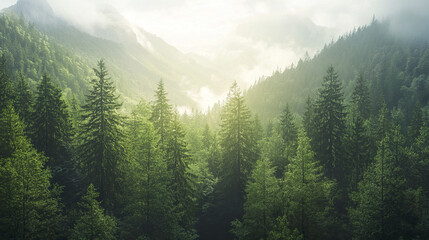 Fototapeta premium Lush green forest with misty mountains in background