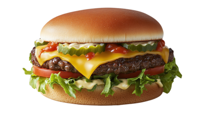 Delicious hamburger with lettuce, tomato, cheese, and beef patty on a transparent png background ideal for menus, advertising, and food blogs.