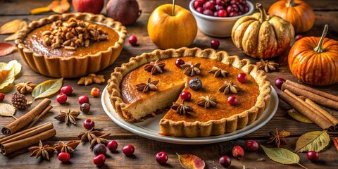 Autumn Harvest  A Rustic Table Setting Featuring Two Delicious Pumpkin Pies, Garnished with Star Anise and Cranberries, Surrounded by Autumnal Accents