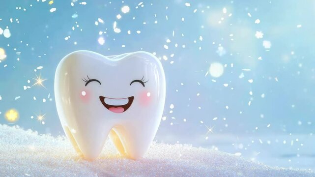 Friendly 3D tooth character smiling warmly with playful blinks, surrounded by glowing sparkles. A bright, colorful, and cheerful animation designed to engage children