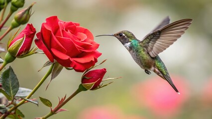 Fototapeta premium Charming hummingbird approaching a red rose with a delightful mood in a blooming garden environment