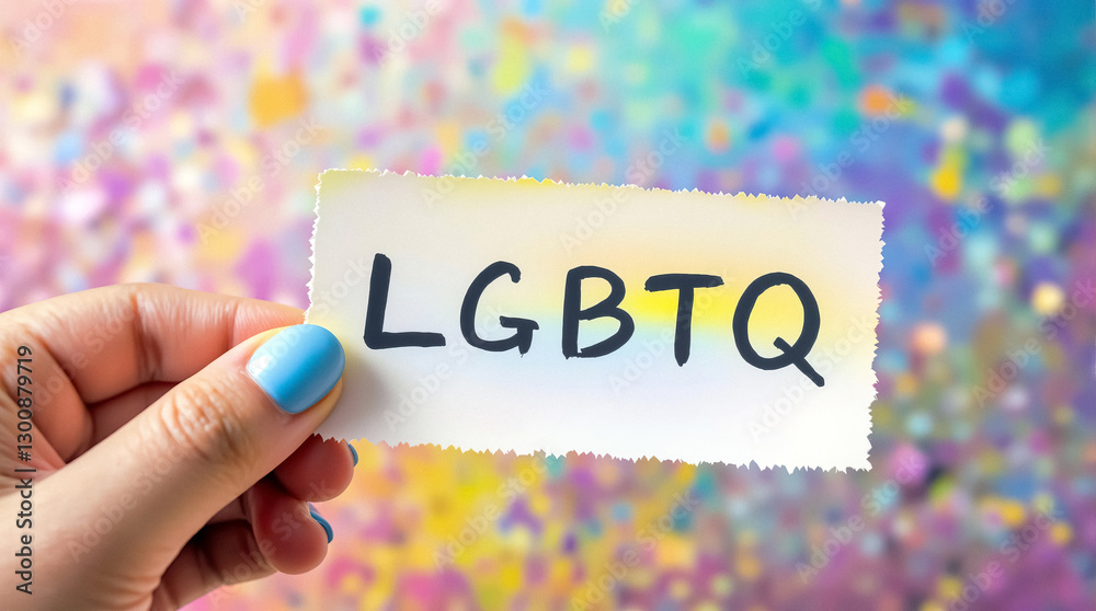 Wall mural hand holding card displaying letters lgbtq against colorful abstract background focus on diversity