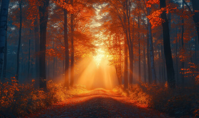 Sunlight filtering through autumn forest at sunset.