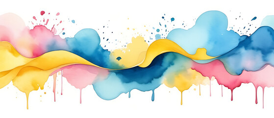 Abstract Watercolor Painting with Pink, Blue, and Yellow Colors