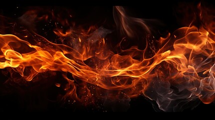 Fiery flames on a black background, in a horizontal panoramic composition.