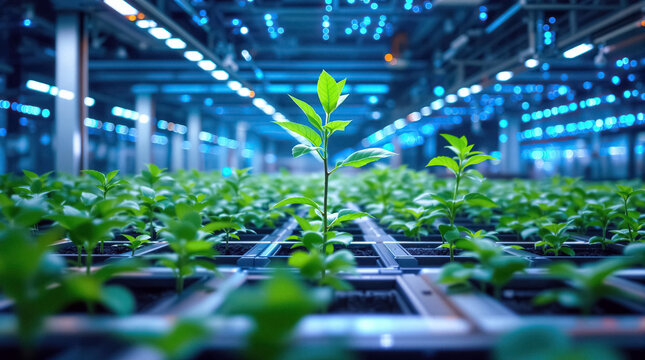 Plants grow in high tech climate controlled indoor growing facility with energy efficient lighting