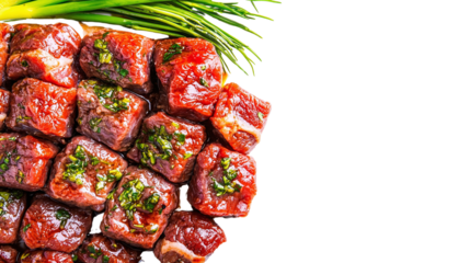 A generous pile of juicy meat garnished with fresh green onions ready to be served as a flavorful main course