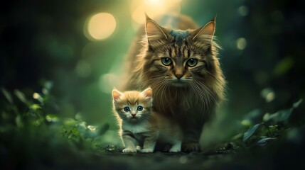 A majestic adult cat with a playful kitten in a serene, sun-dappled forest setting.