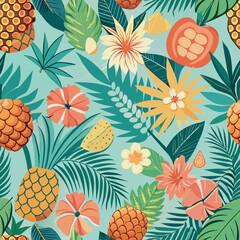 Tropical Seamless Vector Pattern with Palm Leaves and Hibiscus Flowers  
