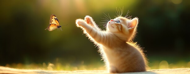 Obraz premium A playful kitten reaching out to a fluttering butterfly in a sunlit garden.