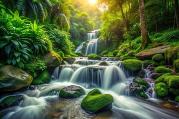 Fototapeta premium Cascade Waterfall Jungle Stone Fresh Water Photo - Generative AI Image