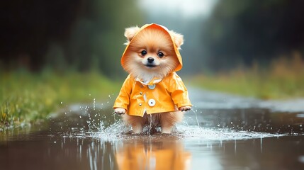 Fototapeta premium Cute Pomeranian dog wearing yellow raincoat splashing in puddles outdoors.