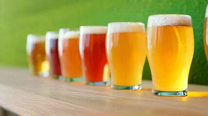 Row of craft beer glasses with varying colors on a wooden bar. Focus on foreground glass with green background. Concept of beer tasting and brewing.