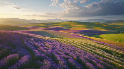 Aerial view of vibrant wildflower fields under dramatic sky