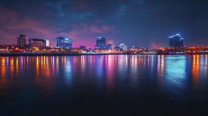 Obraz premium vibrant city skyline at night with colorful reflections on water