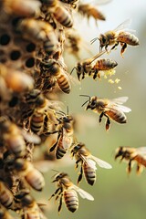 Honeybees flying around a hive with hexagonal honeycomb cells in a busy and thriving colony environment