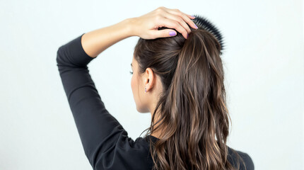 Naklejka premium Woman brushing long wavy brown hair into ponytail viewed from behind against white backdrop