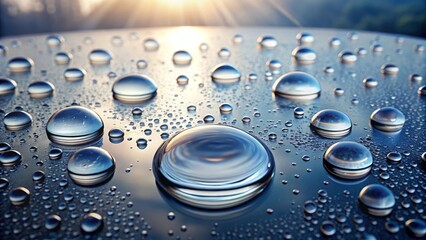 Close-up view of numerous water droplets on a smooth, reflective surface, illuminated by a soft, warm light source reflecting in each drop creating a mesmerizing, abstract composition.