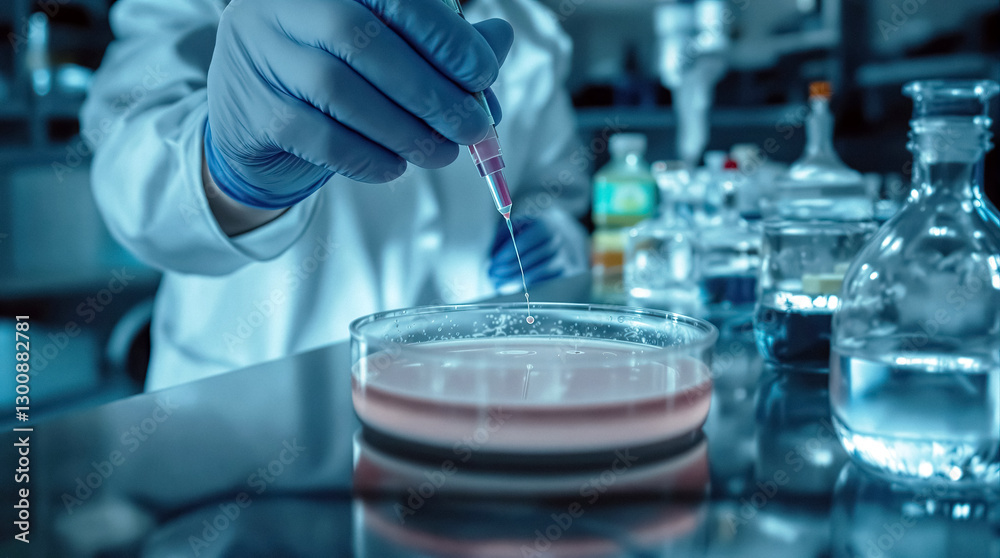 Poster Close up of scientist adding liquid to petri dish in lab for experiments and research
