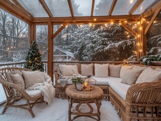 A cozy and wintery patio filled with snow and lights