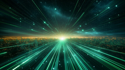 Obraz premium vibrant digital landscape showcasing beams of green light radiating outward, creating sense of depth and motion. scene evokes futuristic atmosphere with starry sky above