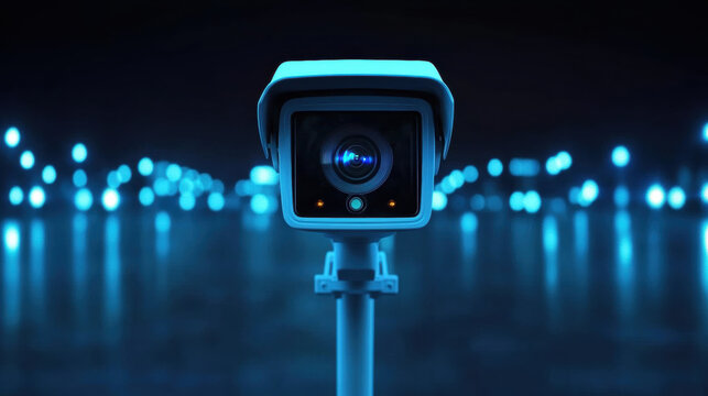 CCTV outdoor, High-tech surveillance camera surrounded by a blue illuminated background.