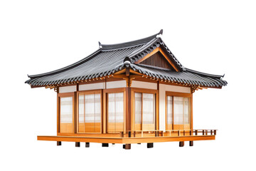 Obraz premium Traditional Wooden Asian Style House with Tiled Roof on Transparent Background Exterior View