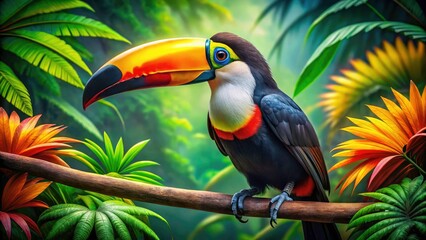 Fototapeta premium Childlike Toucan Illustration, Jungle Bird Photography, Colorful Bird, Funny Toucan, Big Beak Bird