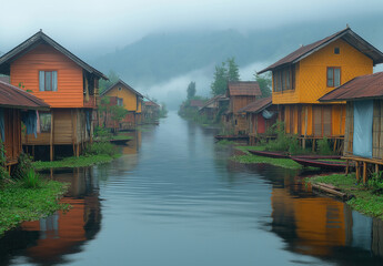 Obraz premium Wooden houses on stilts are reflected in the calm Inle Lake as dusk falls.