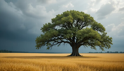 Obraz premium Lone Oak Tree in a Golden Wheat Field Under Stormy Sky