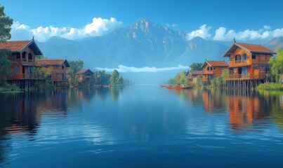 Fototapeta premium Wooden houses on stilts are reflected in the calm Inle Lake as dusk falls.