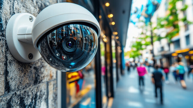 CCTV outdoor, Surveillance camera monitors a bustling street scene, capturing the activity of pedestrians and storefronts.