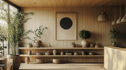 chic wooden and green themed interior with open shelves and plants