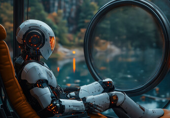 A robot sitting in a chair looking out the window.