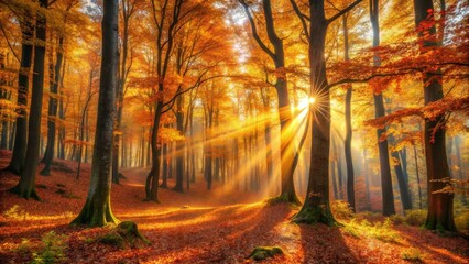 Golden Sunlight Illuminates an Autumnal Woodland Path, Casting Long Shadows Through a Canopy of Vibrant, Crimson and Gold Leaves