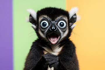 Fototapeta premium Surprised lemur with wide eyes in colorful backdrop. Generative AI