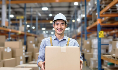 Smiling Asian warehouse worker carrying box in busy warehouse Shelves of packed boxes in background