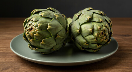 Obraz premium Pair of artichokes on a ceramic plate with moody lighting
