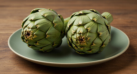 Obraz premium Two fresh artichokes on a dark green plate