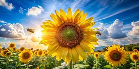 Obraz premium A Vibrant Sunlit Field of Sunflowers with Busy Bees in Flight on a Sunny Day