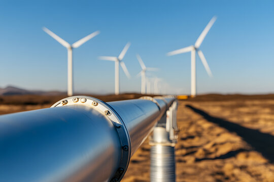 Pipeline and Wind Turbines: A juxtaposition of energy infrastructure and renewable resources, symbolizing energy transport and clean power production. - Powered by Adobe
