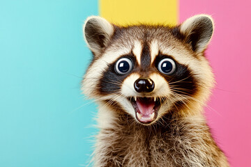Surprised raccoon with large eyes against colorful background. Generative AI