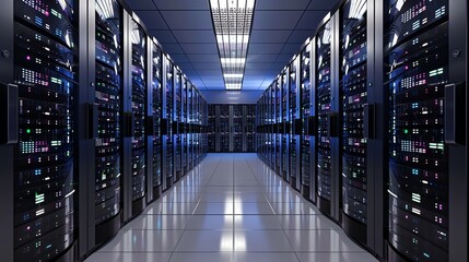 Fototapeta premium Modern data center server room with lights.
