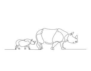 Rhinoceros simple line art illustration. Continuous one line draw of wild rhino animal.
